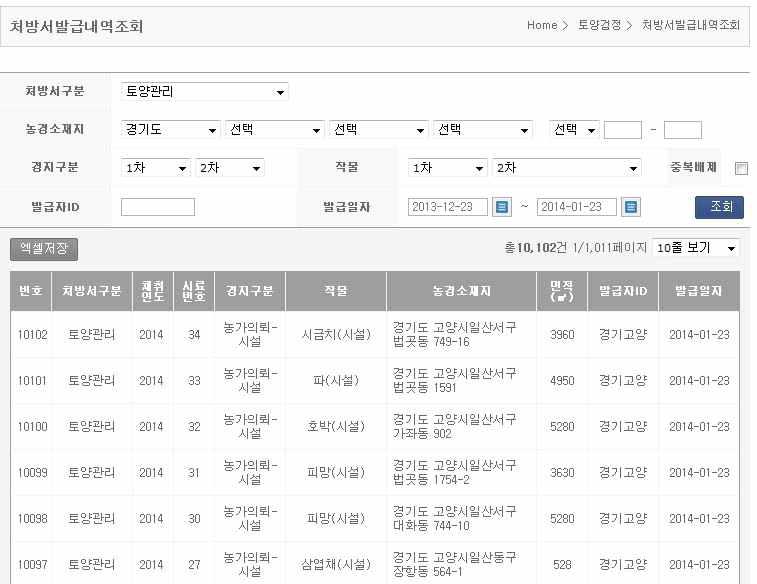 비료사용처방서 발급내역 조회