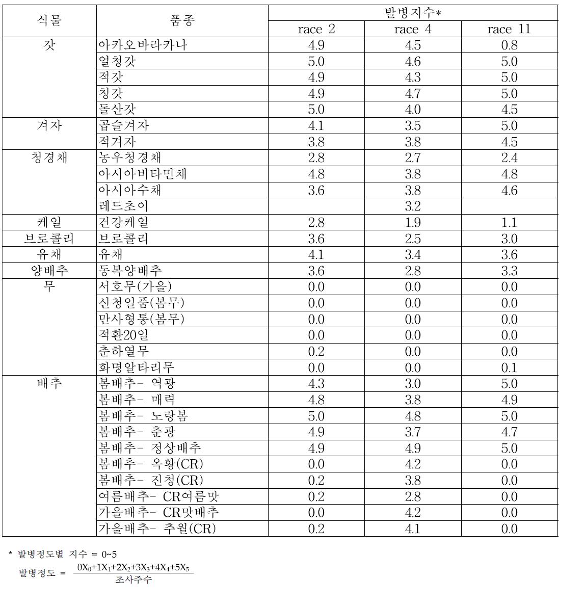 배추과 작물에 대한 뿌리혹병 레이스 균주별 저항성 검정