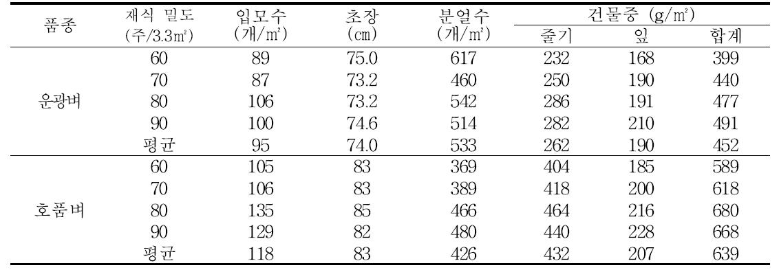 남부평야지에서 벼 무논점파 재배시 재식밀도에 따른 입모수 및 출수기 생육