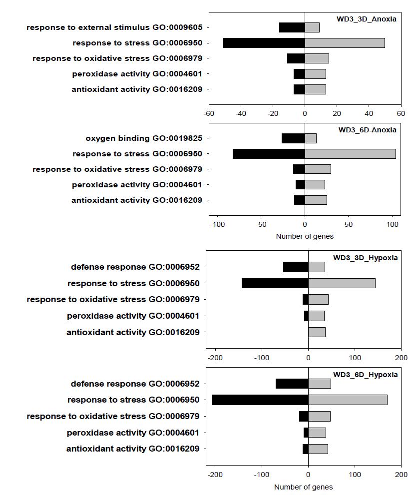 무산소와 저산소 조건에서 WD-3에서 발현량의 차이를 보이는 유전자의 기능성 그룹 분석.