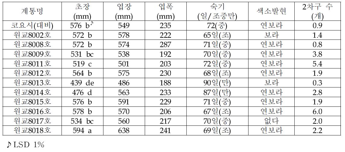 대비종 및 시험종 생육 특성