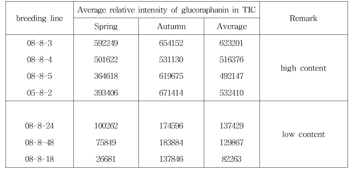 봄 가을 작형에서 모두 높거나 낮은 intact glucoraphanin 함량을 보이는 브로콜리 육성계통.