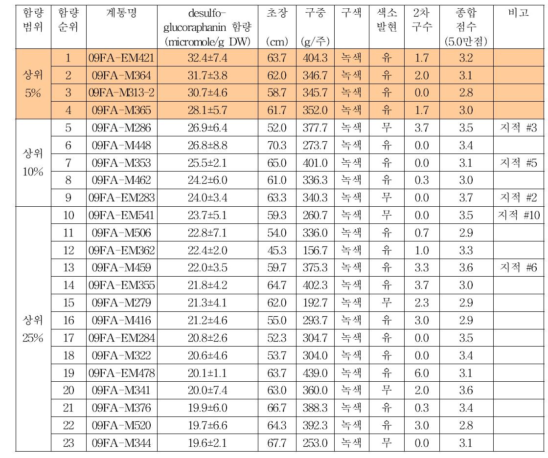 브로콜리육성계통내glucoraphanin함량이높은계통선발