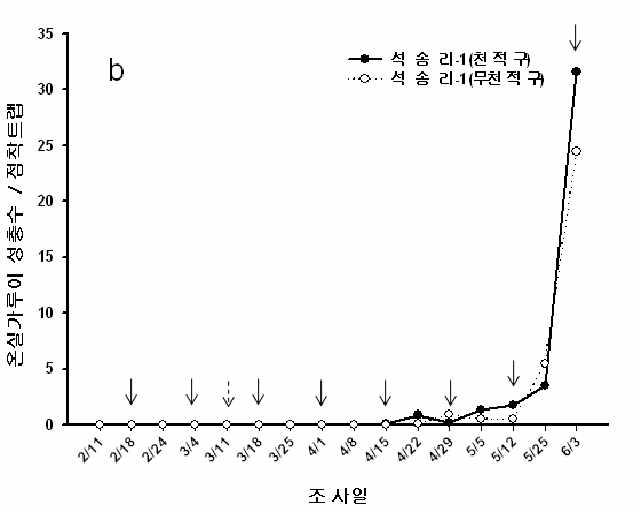 석송리 포장(2번 포장; 표 2 참조)에서의 온실가루이 성충 발생소장, 2010년