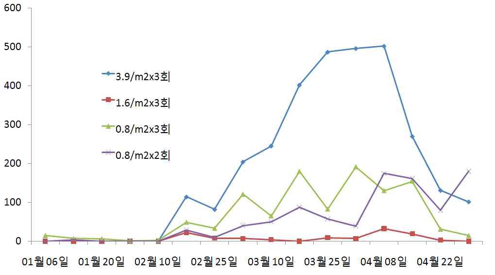 딸기에서 칠레이리응애 접종 수준별 점박이응애 피해