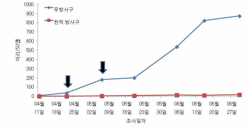 시설오이 꼬마남생이무당벌레 이용 목화진딧물 방제효과 (‘09, 0.4마리/㎡, 2회 방사)