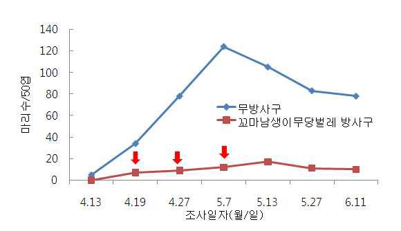 시설재배 오이에서 꼬마남생이무당벌레를 이용한 목화진딧물의 밀도 억제 효과(‘10, 천안)