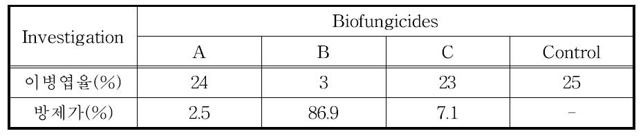 3종 미생물 제제의 토마토흰가루병에 대한 방제효과