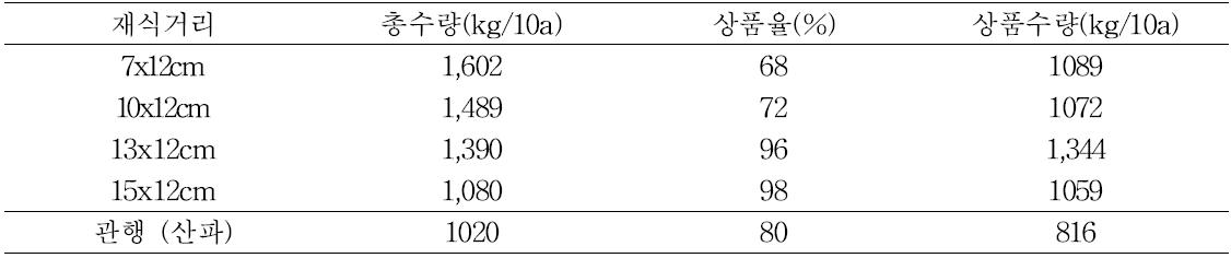 시금치 봄 재배 시 파종거리에 따른 수량 및 상품화율