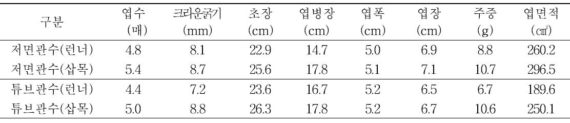 관수 및 육묘방법별 딸기묘 생육