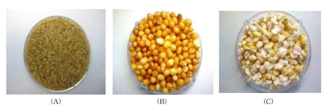 Effect of Olbyeossal processing on appearance of Waxy rice by microwave oven heating. (A) Olbyeossal ; puffing Olbyeossal (B) ; puffing raw waxy rice (C).