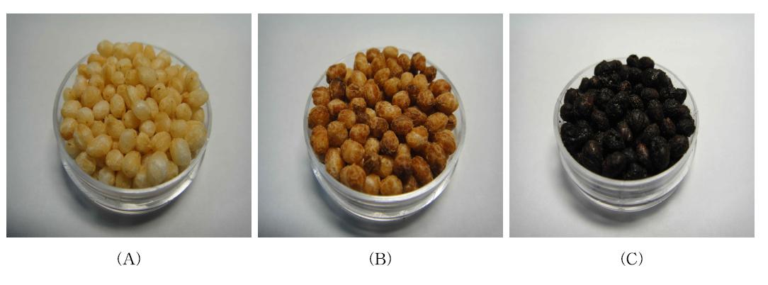 Comparison on color appearance of puffing Olbyeossal by microwave oven heating. (A) Pale Yellow ; (B) Brown ; (C) Black