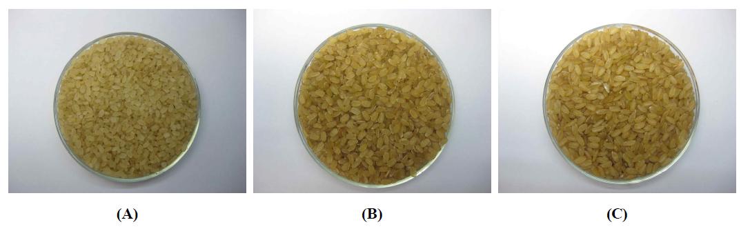 Olbyeossal products. (A) Commercial product ; (B) Waxy rice ; (C) Nonglutinous rice.