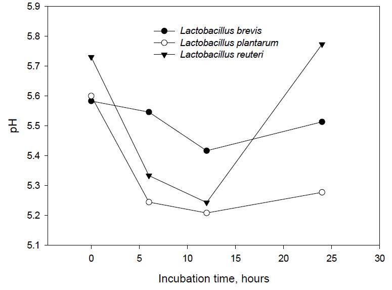 pH profile during the fermentation of rumen content with L. brevis, L. plantarum and L. reuteri