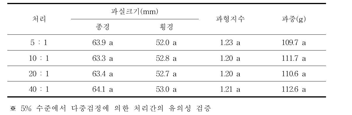 제시골드꽃가루 배합 비율별 과실크기 및 과형지수
