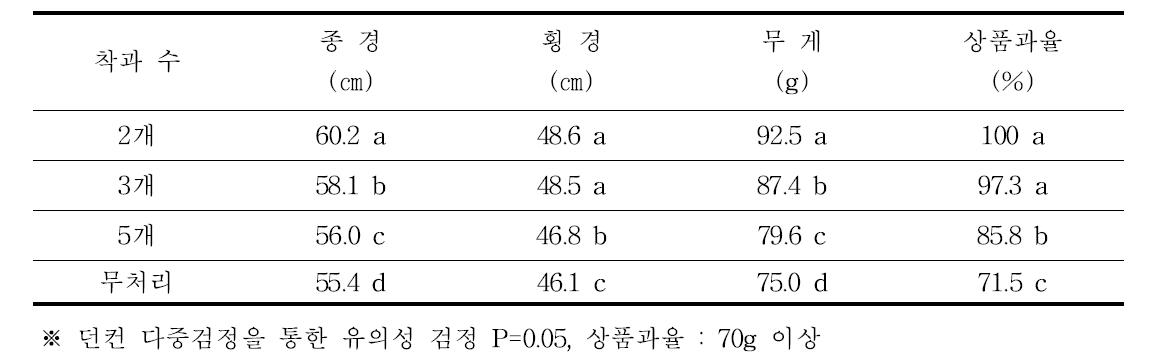 제시골드 결과모지 굵기(10~15㎜)의 과실비대 및 상품과율