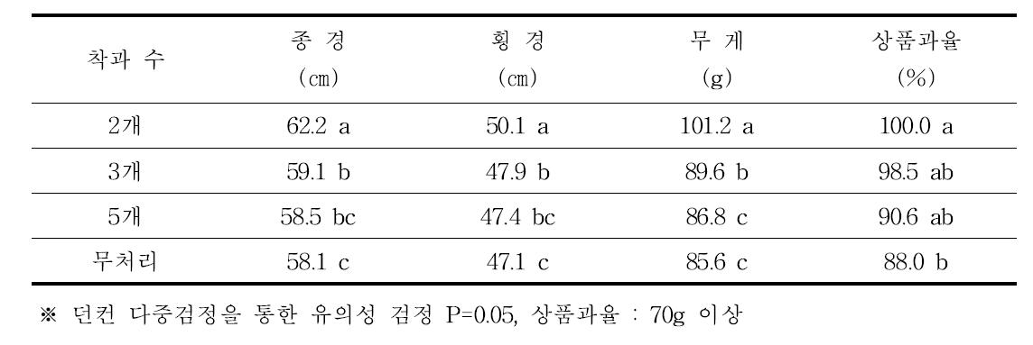 제시골드 결과모지 굵기(15㎜ 이상)의 과실비대 및 상품과율