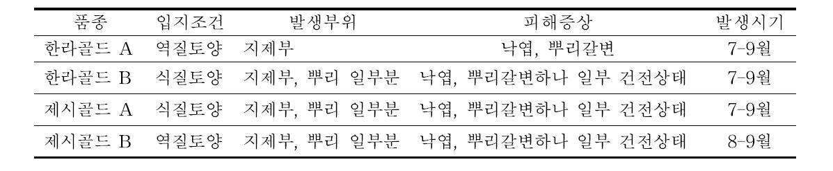 황색 참다래 뿌리썩음병 피해증상과 발생시기