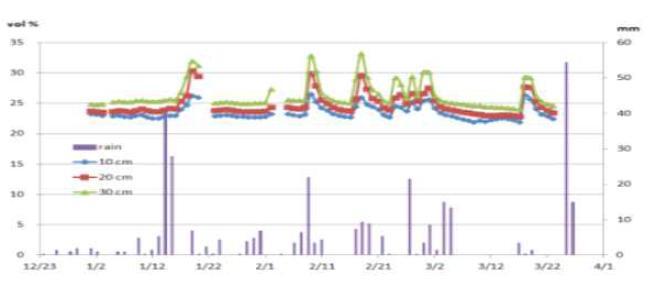 해발 700m(어승생) 포장의 강수량과 깊이별 토양수분함량 변화(’12)