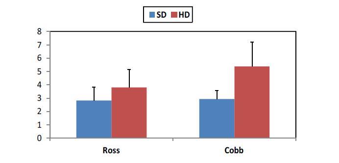 Effects of strain and stocking density on serum corticosterone level in broiler chickens(ng/ml).