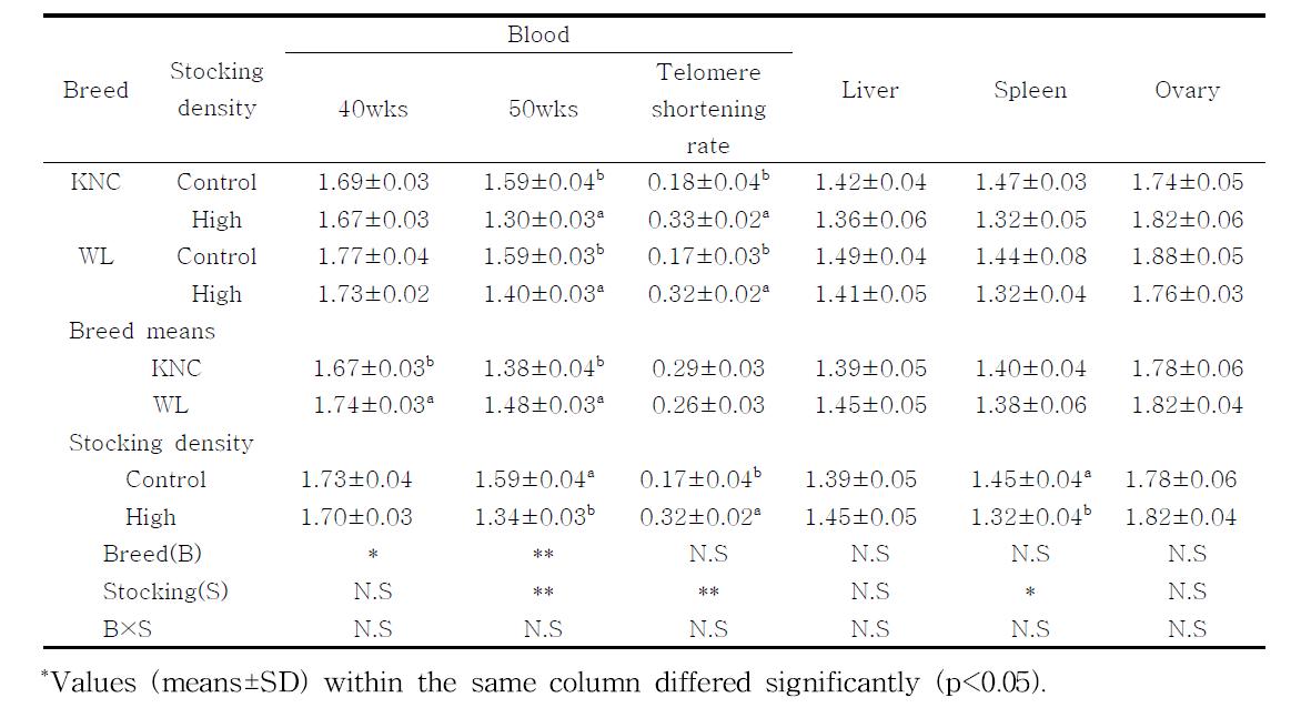 Analysis of variances for the factors affecting to the relative amount of telomeric DNA of chicken tissues