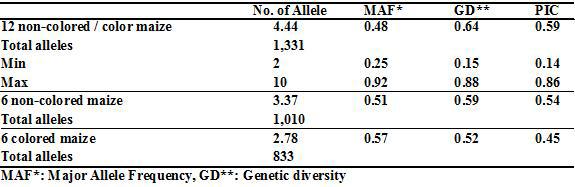12개의 색소 및 비색소 옥수수 자식계통들에서 확인된 대립단편의 수, 평균 MAF, GD, PIC