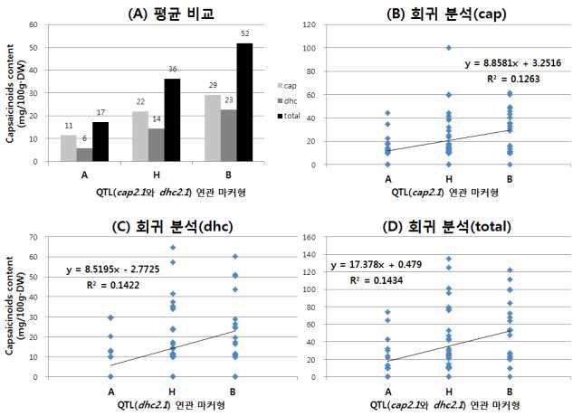 신미(capsaicin, dihydrocapsaicin 및 total capsaicinoids) 함량과 연관된 QTL인 cap2.1 및 dhc2.1과 연관된 분자표지의 효과 분석