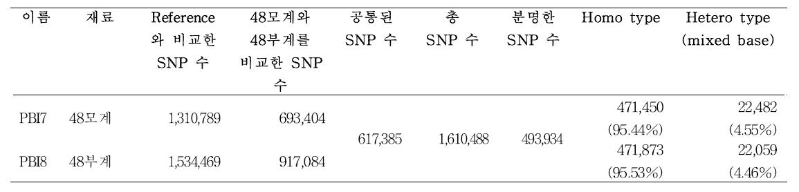 48모계와 48부계간 SNP 비교 분석 결과.