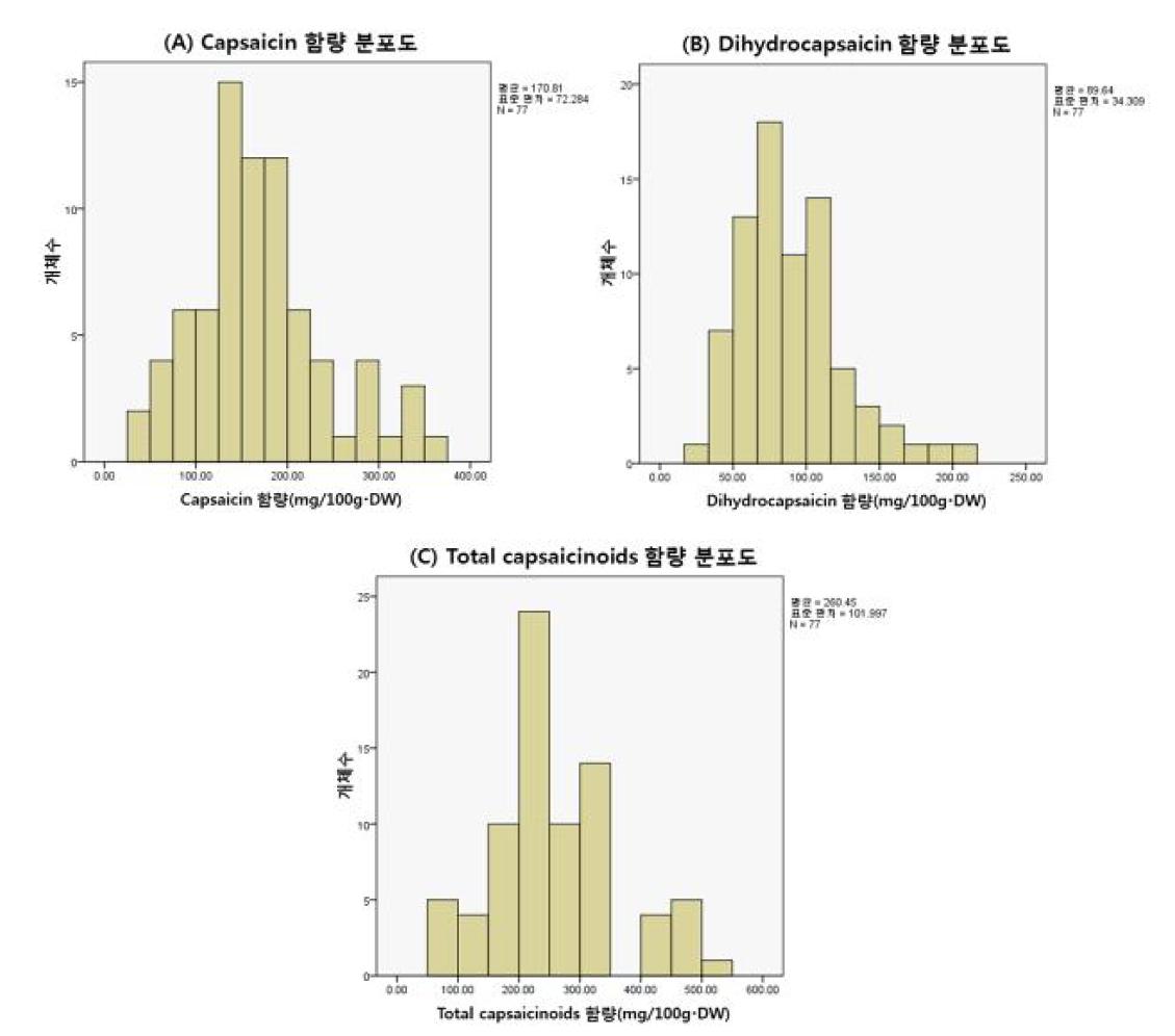 309-F2 집단(77개체)에서 신미{capsaicin(A), dihydrocapsaicin(B) 및 total capsaicinoids(C)} 함량 분포도.