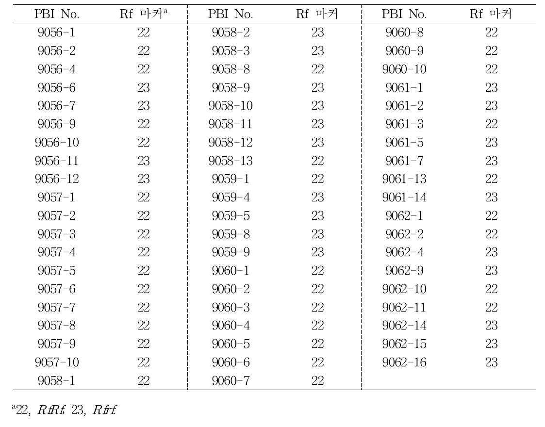 국내용 고신미 B계통 육성 재료에 대한 Rf(OPP) 마커분석 결과.