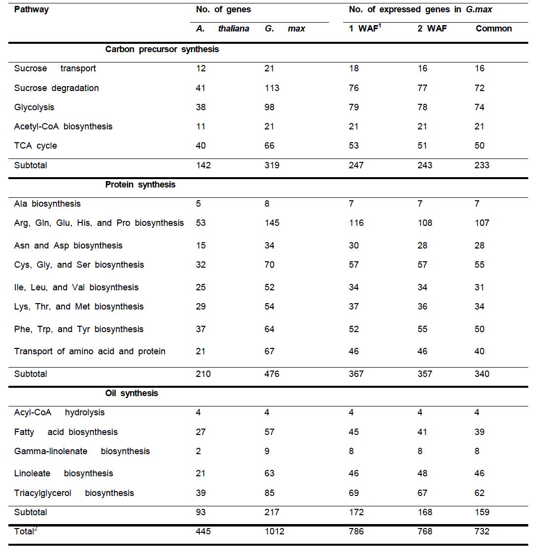 Numbers of Arabidopsis thaliana genes and their Glycine max homologs involved in the accumulation of seed storage products, and the numbers of expressed genes during early seed-filling stages in G. max