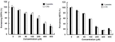 DPPH와 ABTS radical scavenging assays를 통한 시아니딘과 시아니딘-3-글루코스의 항산화 효능 측정