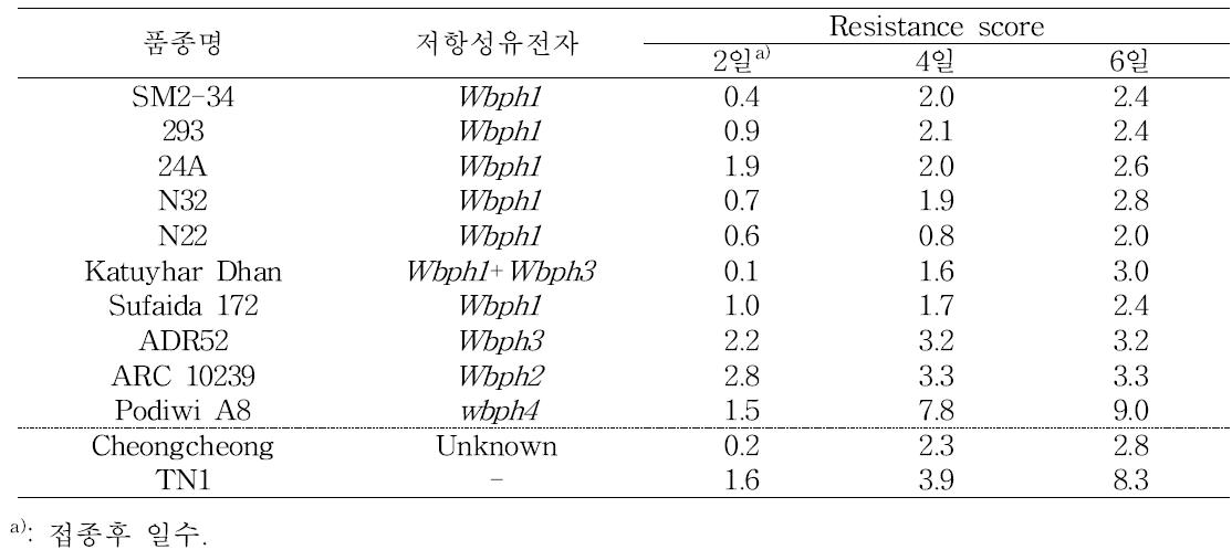 국제미작연구소 분양 유전자원의 접종후 일수별 저항성 반응