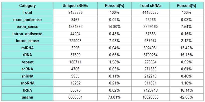 Distribution of small RNA among different categories (intestine of line 6.3(R)).