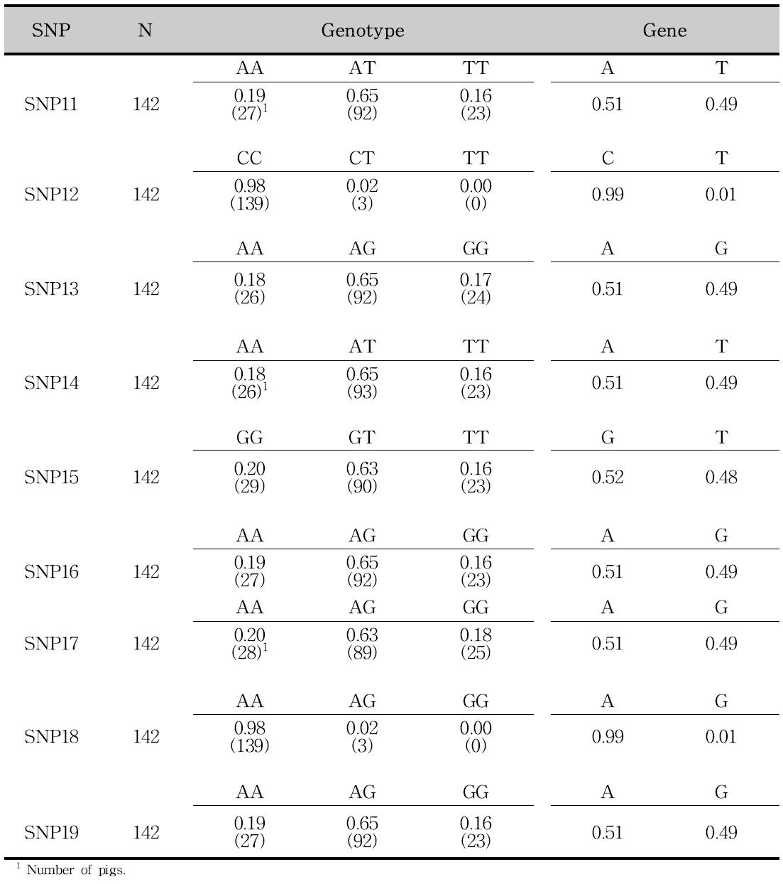 돼지 RGS16 유전자의 Intron 1 영역내 SNP의 유전자형 및 유전자빈도