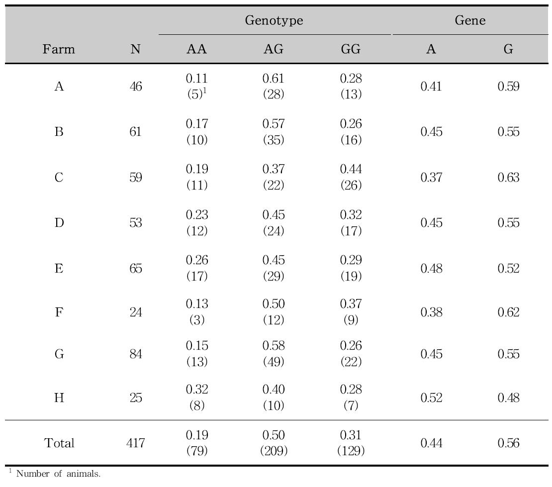 돼지 RGS16유전자의 SNP2에 대한 유전자형 및 대립유전자 빈도