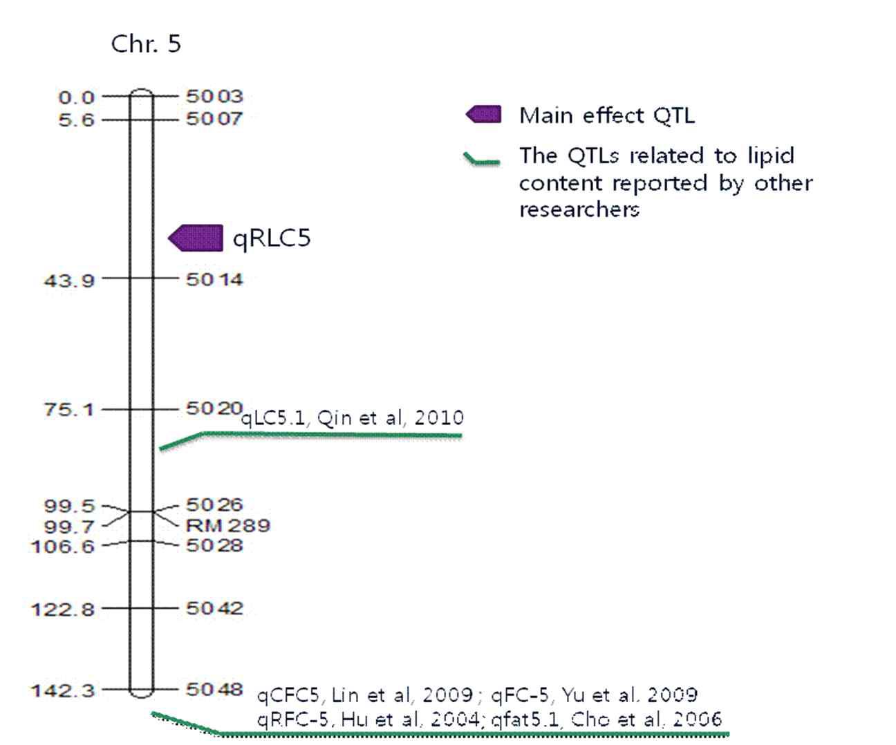 벼의 고지방 함량에 대한 QTLs의 염색체사의 위치