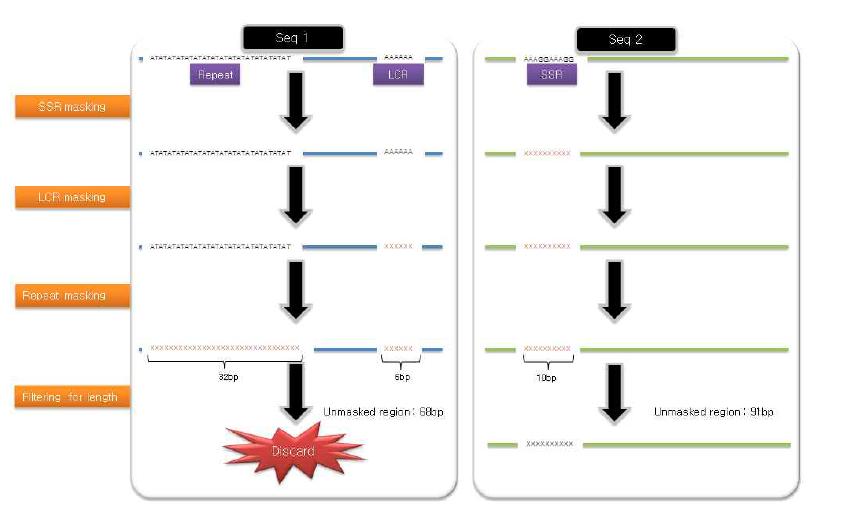 Schematic representation of low complexity and repetitive masking process applied for preprocessing of carrot root transcriptome.