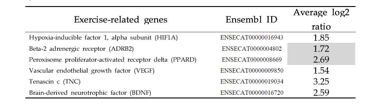 운동 전, 후 RNA-sequencing을 통해 발굴된 차등발현 유전자 중 운동관련 유전자 목록