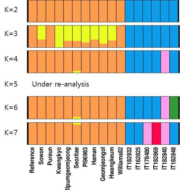 Population structure analysis. Each color represents one population. Each accession is represented by a vertical bar, and the length of each colored segment in each vertical bar represents the proportion contributed by ancestral populations.