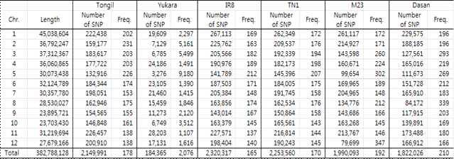Nipponbare를 reference로 한 통일벼, 모본, 통일계통 품종 SNP 빈도