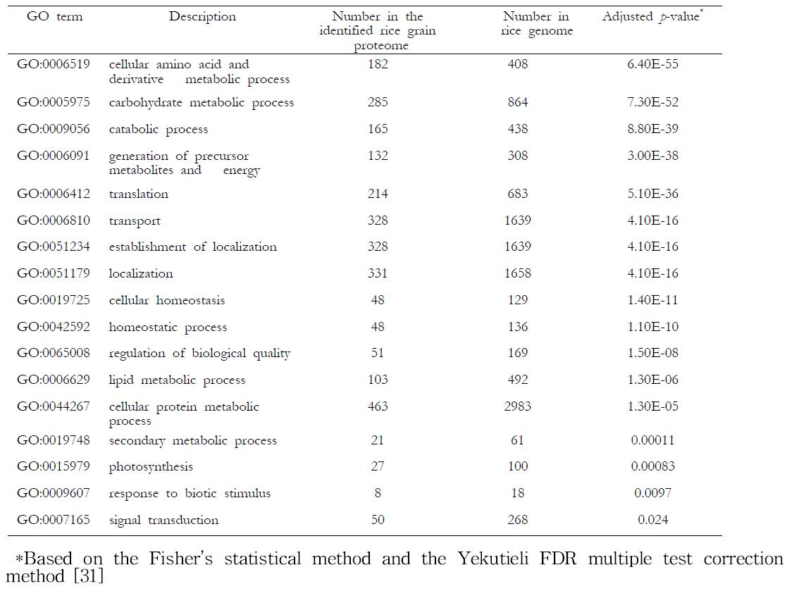 동정된 종자단백질들의 enriched GO terms of biological processes