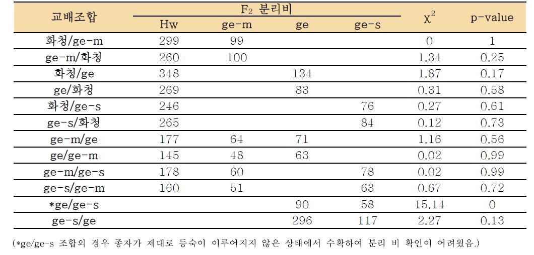 F2 종자 분리비 χ2 검정