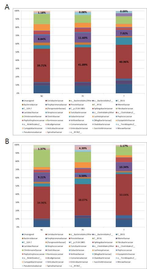 Phylogenetic classification of bacterial pyrosequences at the family level. A, Before challenge. B, After 12h challenge.