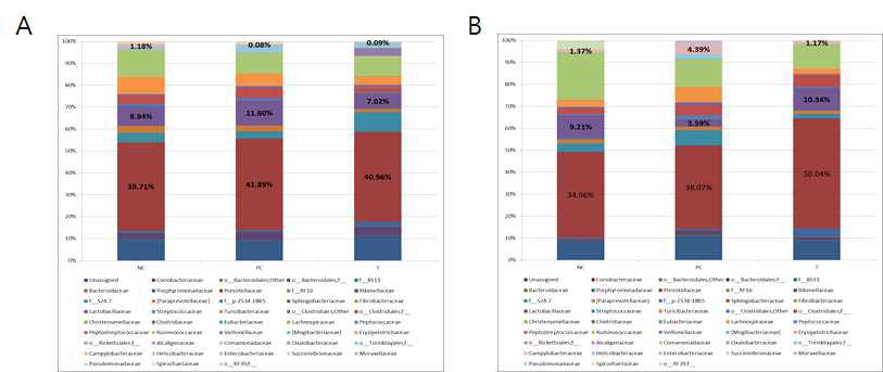 Phylogenetic classification of bacterial pyrosequences at the family level. A, Before challenge. B, After 12h challenge.