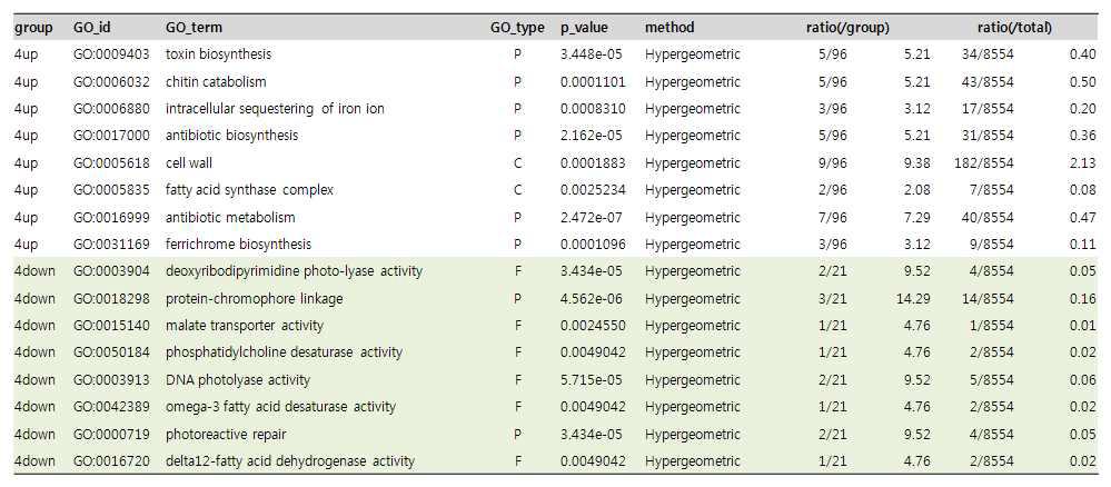 광/암 조건에서 배양한 노랑다발동충하초 균사체의 전사체 발현 비교로부터 확인된 4fold up/down된 유전자목록