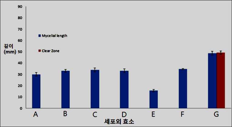 각 기질에 대한 붉은자루동충하초 균사체의 길이성장과 세포외효소 활성정도