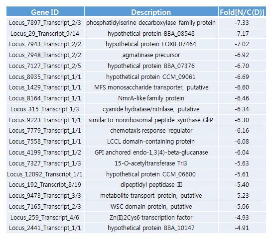 광조건 배양시 5일차 대비 14일차에서 down regulation 되는 상위20개 유전자.