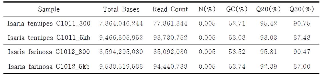 동충하초 원연종인 Isaria tenuipes와 I. farinosa의 NGS 데이터
