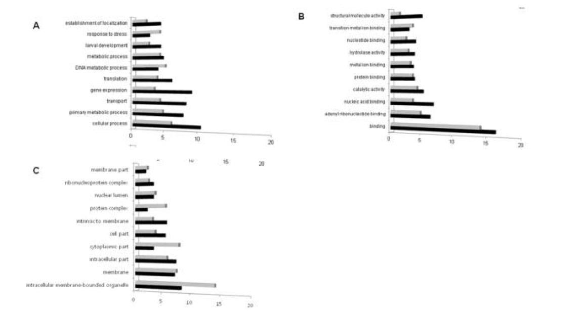 GO assignments of 3145 differentially expressed genes. These genes were significantly up- or down-regulated more than 2-fold (p<0.05) after bacteria linfection in S.s.mutilans.